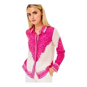Lilly Pulitzer Kiran Button-Down Top Passion Fruit Pink Linen Blend Small NWT